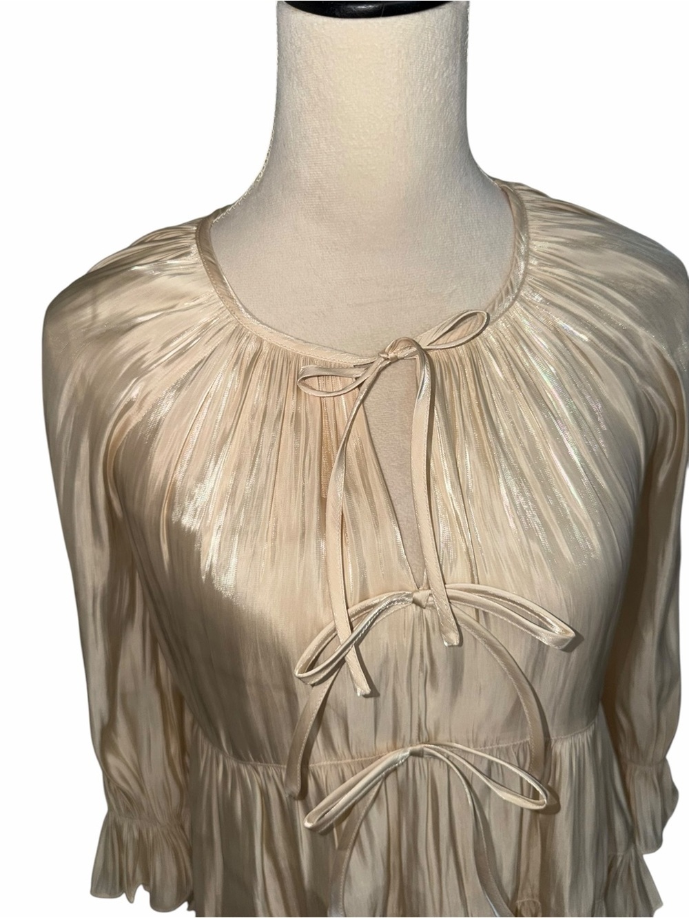 Cinq a Sept Cream Shiny Champagne Ruffled Tie-Front Peasant Blouse - Picture 4 of 7